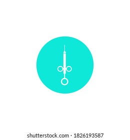 Syringe injection icon. Dental instrument. Treatment, prosthetics of teeth. Dental anesthesia simple vector icon isolated. Illustration of the logo. White silhouette on a blue background.