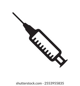 Syringe injection icon silhouette vector illustration. Medical black syringe, vaccine symbol vector art.