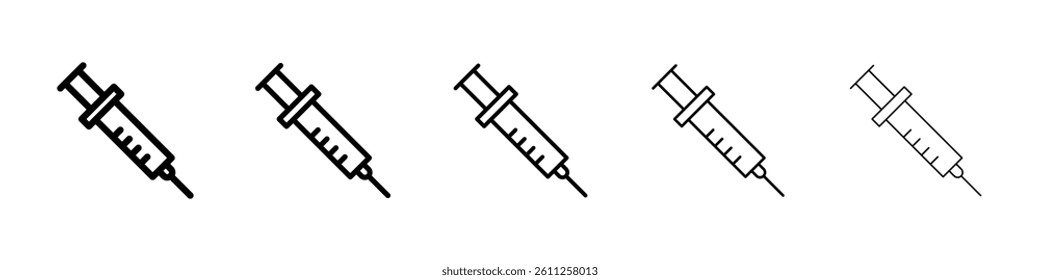 Syringe injection icons vector set in different stroke line style