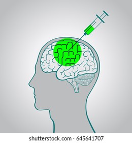 A syringe injection into the brain of a truth serum straightening out curves, brainwashing, flashing, introducing new information, replacement, adjustment memory