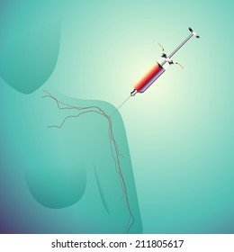 Syringe Injection into the  shoulder with vascular. vector illustration.