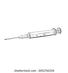 Syringe for injection. Linear vector drawing by hand.