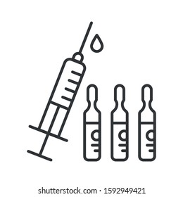 Syringe for injection with  liquid black line icon. Anti-aging procedure concept. Pictogram for web, mobile app, promo. UIUX design element. Editable stroke.