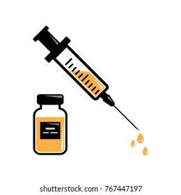 Syringe for injection with orange  vaccine, vials of medicine. Vector illustration