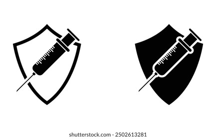 syringe injection with shield, illustration of vaccination and health protection icon vector