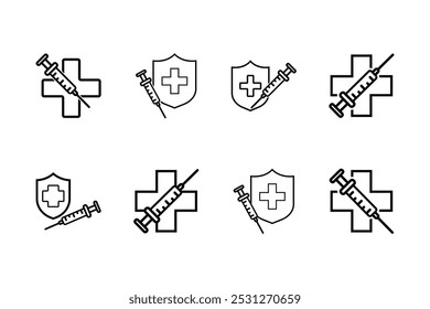 injeção de seringa com escudo, ilustração da vacinação e ícone de proteção da saúde vetor. Coleção de símbolos vetoriais em estilo plano na moda sobre fundo branco.