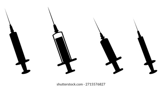 Conjunto de Vector de silueta de inyección de jeringa en estilo plano simple. Colección aislada en el fondo transparente, conveniente para la atención sanitaria, la medicina, la vacunación, y el diseño médico.