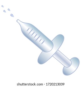 Syringe for injection, vaccination. Colored vector illustration. Medical instrument on a white isolated background. Health topic. Flat style. Splashing solution. Patient treatment. Liquid medicine. 