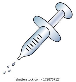 Syringe for injection, vaccination. Colored vector illustration. Medical instrument on a white isolated background. Health topic. Cartoon style. Splashing solution. Patient treatment. Liquid medicine.