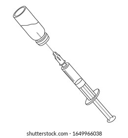 Syringe for injection. Vaccine. Medical instrument. Collect the solution from the bottle. Vector illustration. Outline on an isolated background. Sketch. Health theme. Sharp needle. Liquid medicine. 