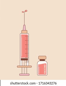Syringe injection and vaccine on peach orange background