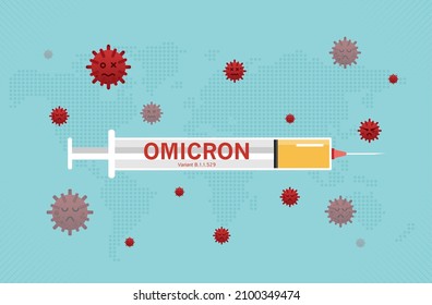 Syringe for injection with vaccine. stop B.1.1.529 Omicron of covid 19 virus. new variant omicron outbreak from Africa and coronaviruses influenza background. vector design.