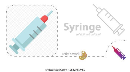 Syringe, injection vector flat illustration, solid, line icon