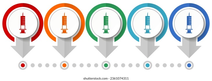 Syringe, injection vector icon set, flat design infographic template, set pointer concept icons in 5 color options for webdesign and mobile applications