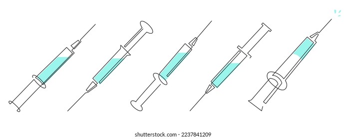 Syringe for injections,one line art,continuous drawing contour.Coronavirus vaccination,health care injection,blood sampling for laboratory analysis.Medical concept.Editable stroke.Isolated.Vector