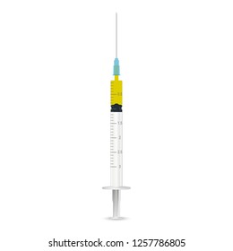 Syringe Injector Application Device With Needle Cover On Isolated On A White Background. Vector Icon Illustration. Syringes For Medical Drug Injection, Vaccine For Care And Treatment.