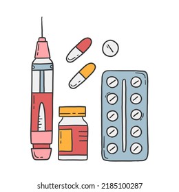 Syringe Injector Pen, Medical Drugs And Pills Vector Illustration In Doodle Cartoon Style