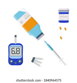 Syringe with insulin, glucometer, tablets, capsules, bottle. Medicine diabetes type 2 concept. Isolated on white. Flat style, vector illustration.

