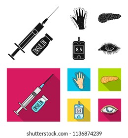 Syringe with insulin, pancreas, glucometer, hand diabetic. Diabet set collection icons in black, flat style vector symbol stock illustration web.