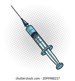 Syringe isolated on a white background. Vaccination concept. Comic pop art vector illustration.