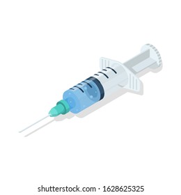 Syringe isometric 3d icon. Vector illustration flat design. Plastic syringe isolated on white background. Medical equipment. Element for vaccination and injections. Symbol treatment. Vitamins or drug.