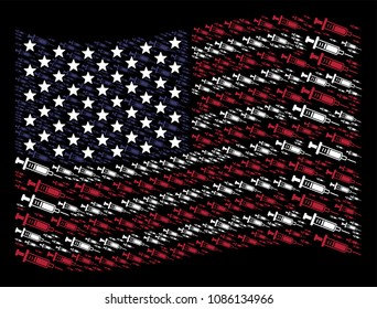 Syringe items are composed into waving United States flag stylization on a dark background. Vector composition of American state flag is formed from syringe elements.