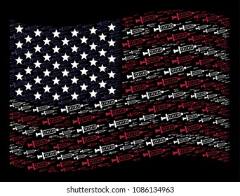 Syringe items are organized into waving American flag abstraction on a dark background. Vector composition of America state flag is composed with syringe elements.