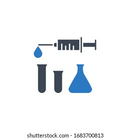 Syringe and Lab Tubes related vector glyph icon. Isolated on white background. Vector illustration.
