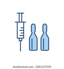 Syringe and Lab Tubes related vector line icon. Isolated on white background. Vector illustration. Editable stroke