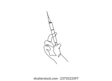 Syringe in laboratory. Laboratory minimalist concept, drawing by simple continuous line. Laboratory element, laboratory activity, black and white background, simple line.