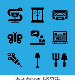 syringe, lamp, pharmacy, window, analytics, tools, laptop, cassette and butterfly vector icon. Simple icons set
