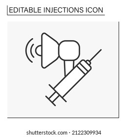  Syringe line icon. Announcement about vaccination. Megaphone. Injections concept. Isolated vector illustration. Editable stroke