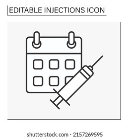  Syringe line icon. Revaccination. Event planning and calendar. Treatment.Injections concept. Isolated vector illustration. Editable stroke