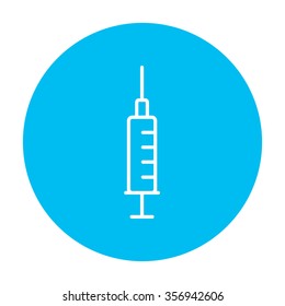 Syringe line icon for web, mobile and infographics. Vector white icon on the light blue circle isolated on white background.