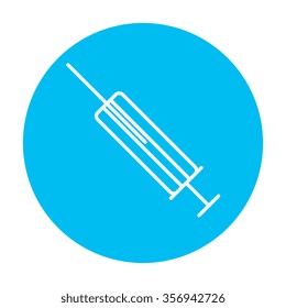 Syringe line icon for web, mobile and infographics. Vector white icon on the light blue circle isolated on white background.