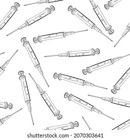 syringe linear black and white vector seamless pattern illustration.