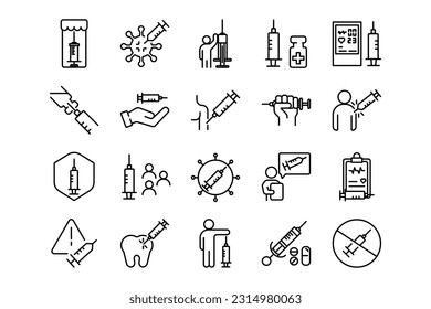 Syringe lines icon set. Syringe genres and attributes. Linear design. Lines with editable stroke. Isolated vector icons.