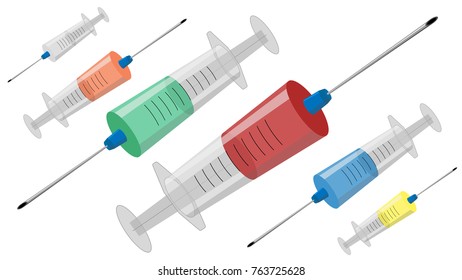 Syringe with liquid colored (red, green, blue, yellow) drug (medicament) Vector images collection. Medical sphere image.