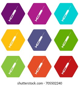 Syringe with liquid icon set many color hexahedron isolated on white vector illustration