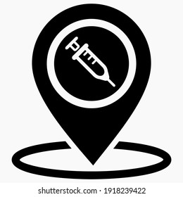 Syringe and location icon. Vaccination sign. The location of the hospital. Vector icon.