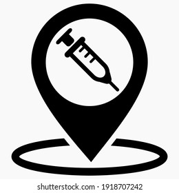 Syringe and location icon. Vaccination sign. The location of the hospital. Vector icon.