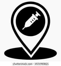 Syringe and location icon. Vaccination sign. The location of the hospital. Vector icon.