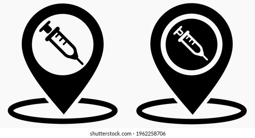 Syringe and location icon. Vaccination sign. The location of the hospital. Vector icon.