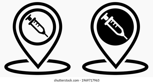 Syringe and location icon. Vaccination sign. The location of the hospital. Vector icon.