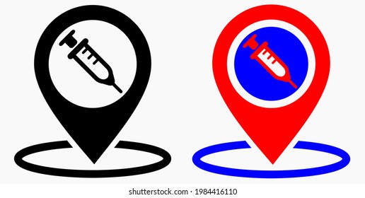Syringe and location icon. Vaccination sign. The location of the hospital. Vector icon.
