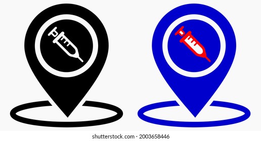 Syringe and location icon. Vaccination sign. The location of the hospital. Vector icon.