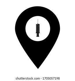 Pin-Symbol für die Platzierung der Spritze. Element des Kartenpunktes für mobiles Konzept und Web-Apps. Icon für Website-Design und -Entwicklung, App-Entwicklung. Premium-Krankenhaus, Klinik, Symbol für Apotheke	