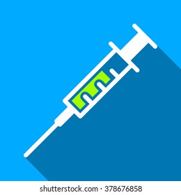 Syringe long shadow vector icon. Style is a flat light symbol with rounded angles on a blue square background.