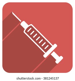Syringe long shadow vector icon. Style is a flat symbol on a red rounded square button.