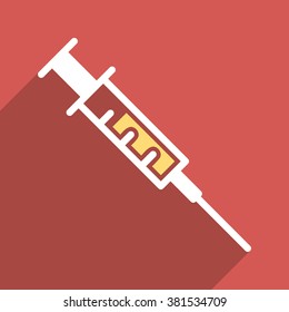 Syringe long shadow vector icon. Style is a flat light symbol on a red square background.